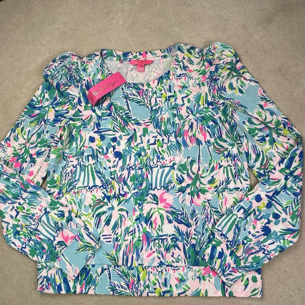 Lilly Pulitzer Jansen Sweatshirt Blue Ibiza Cabana Cocktail Long Sleeve Medium